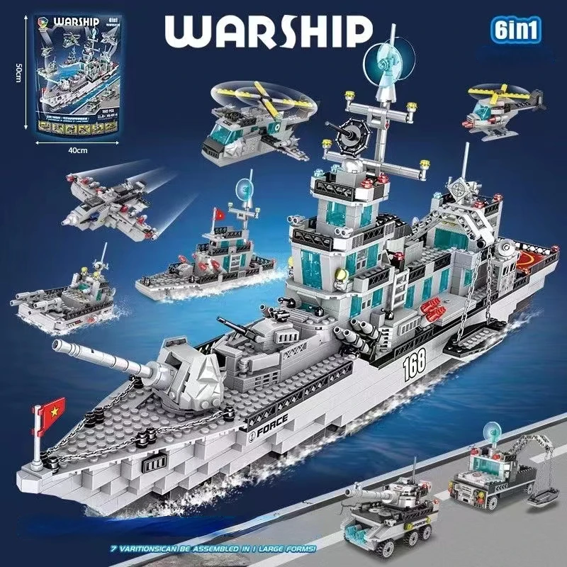 

6In1 Navy War Chariot Ship Army Boat Plane Model Warships Building Blocks Construction Set For Boys Bricks Toys Christmas Gifts