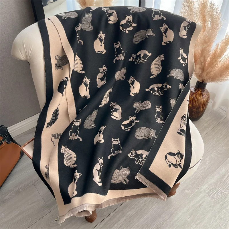 Winter New Fashion Warm Cashmere Shawl Scarf Women's Cat Print Pashmina Thick Scarf Women's Style Workplace Women 2024