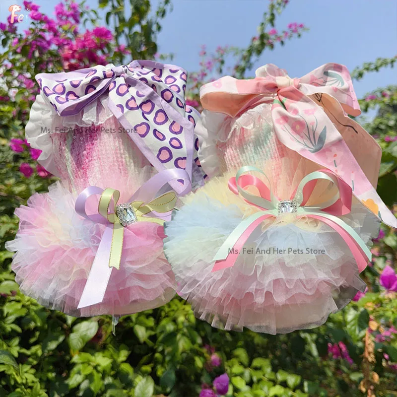 

Autumn New Puppy Dog Clothing Fashion Rainbow Pink Purple Lace Bow Sling Dresses For Small Medium Dog Handmade Pet Clothes