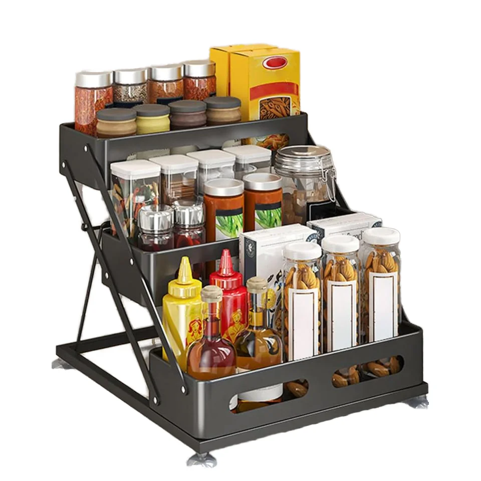 3段折りたたみ式メタルスパイスラック、鉄製キッチンキャビネット調味料オーガナイザー、カウンタートップ収納ホルダー＆ラック