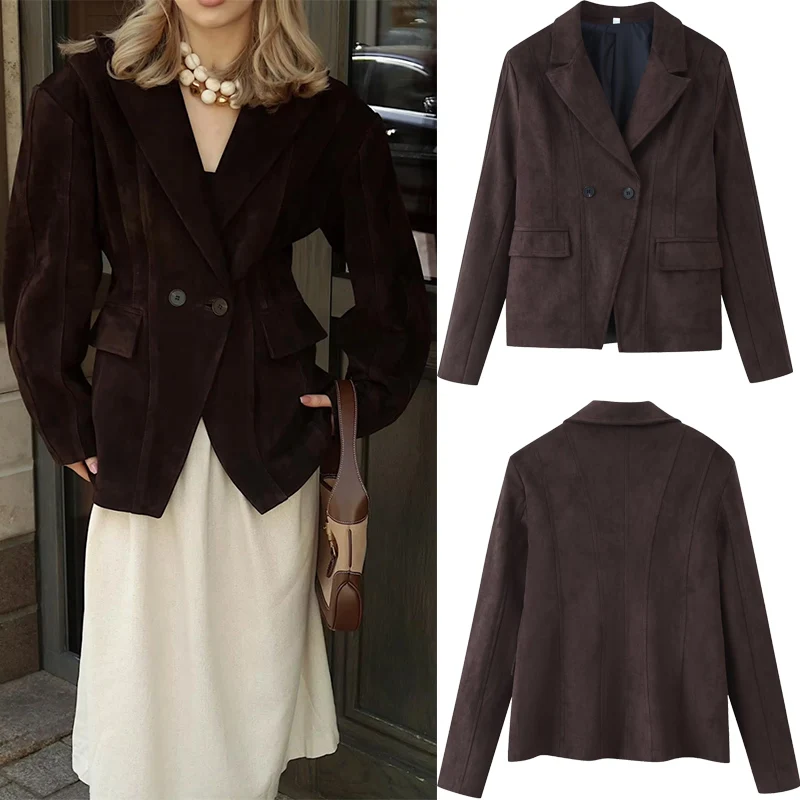 

Autumn Winter Turn-down Collar Long Sleeve Double-breasted Jackets Women Suede Waist Closed Jacket Female Casual Outwear 2025