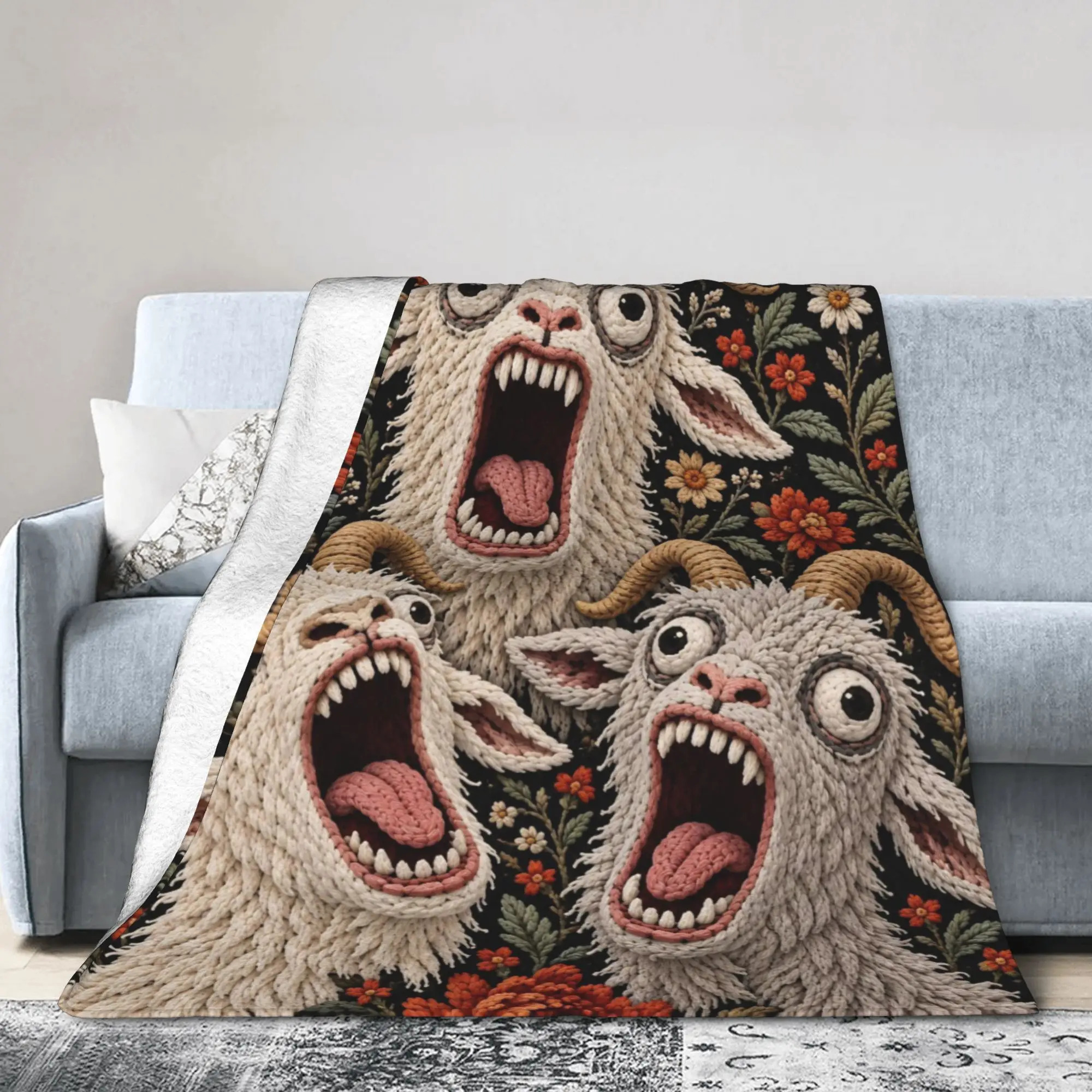 Screaming Goat Horror Gothic Floral Knitted Blanket Halloween Fuzzy Bedding Throw Blankets Rug Piece Lightweight Gift Portable