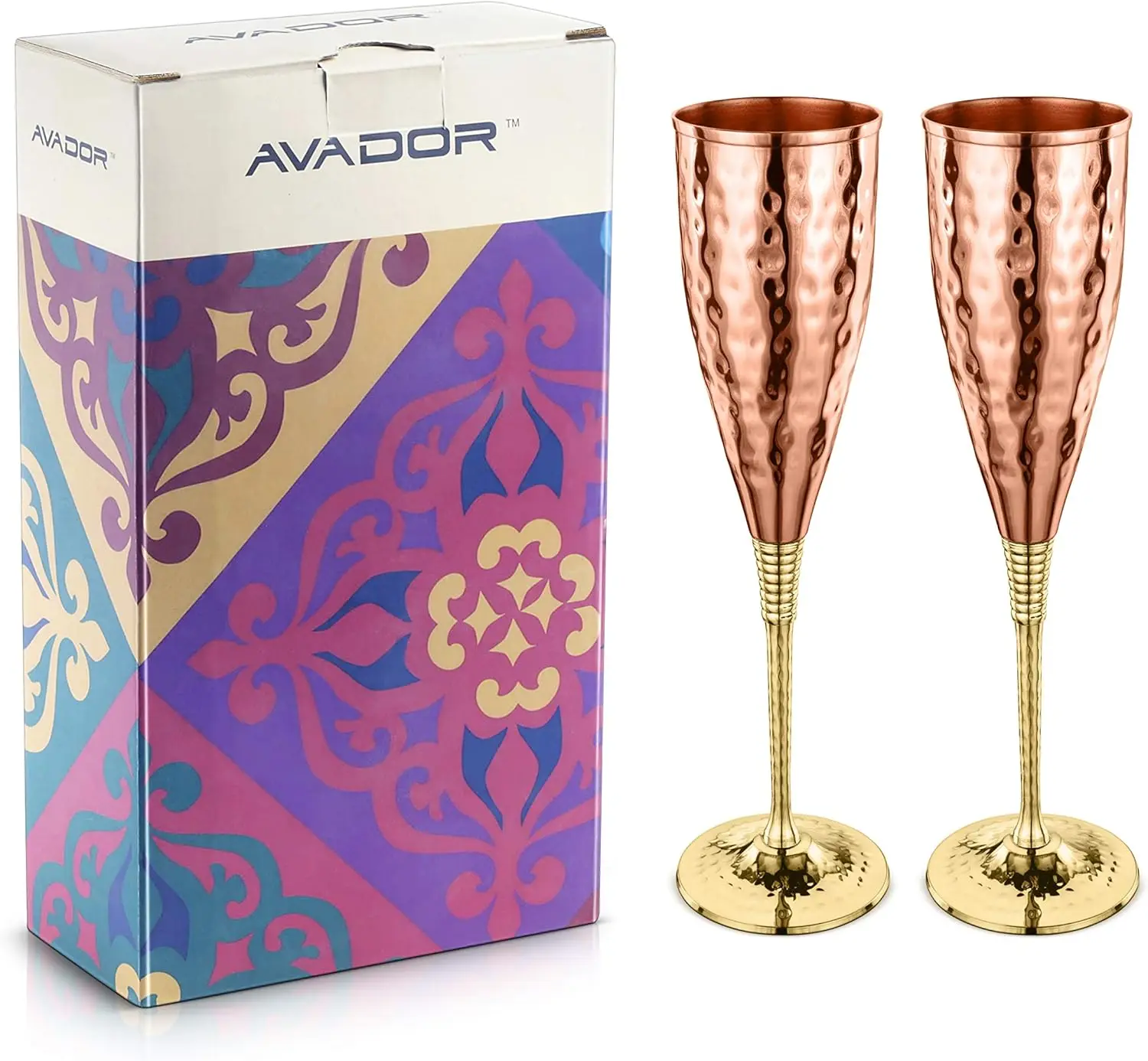 

Set of 2 Shatterproof 100% Handcrafted Copper Champagne Flutes Hammered Finish 16 Oz. Gift Set