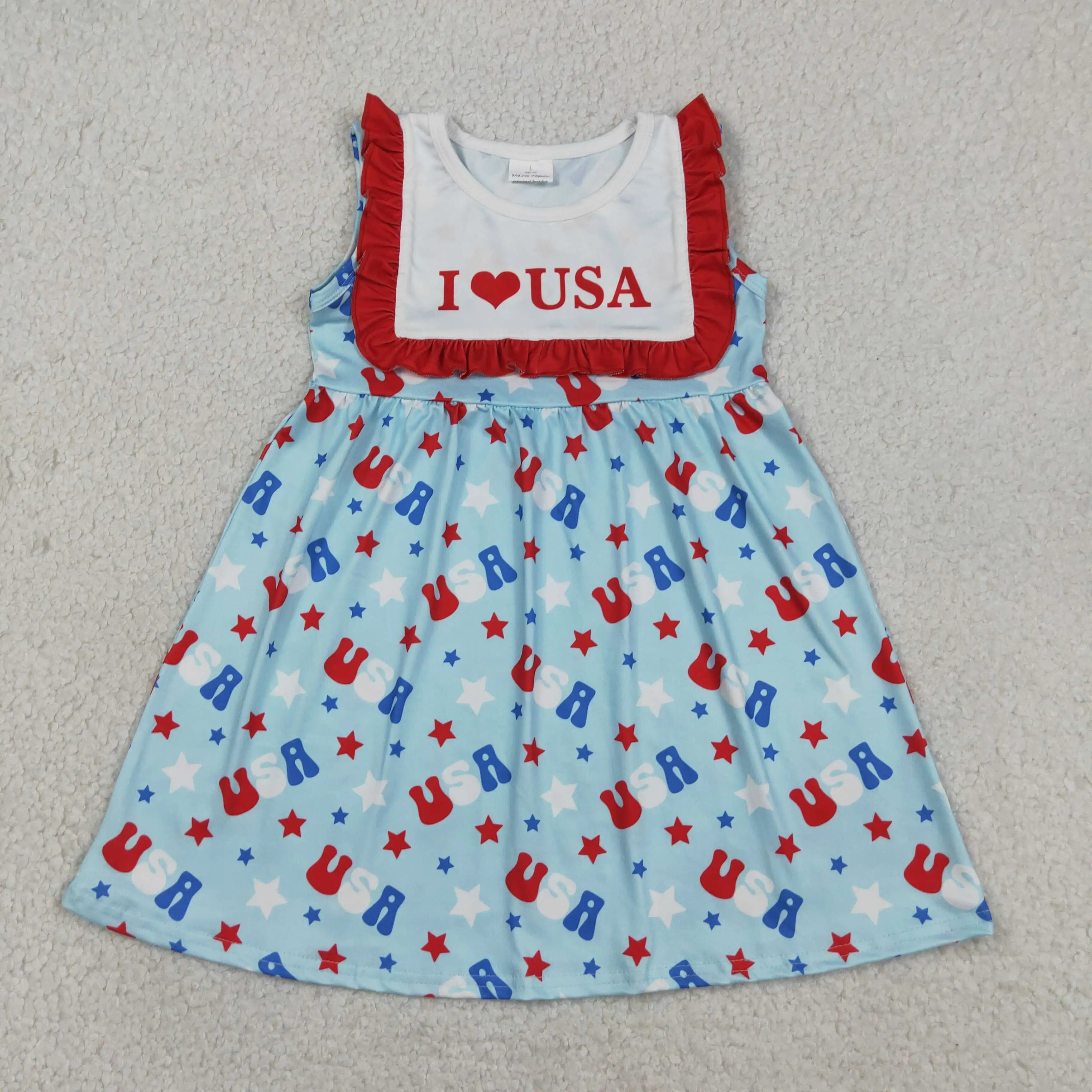 Wholesale Kids Children 4th of July Stars Blue Dresses Clothes Toddler Sleeveless Baby Girl Ruffle Knee Length Dress