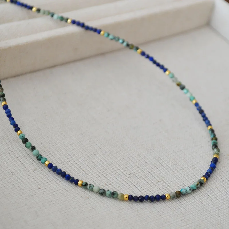 French niche design retro art turquoise lapis lazuli handmade bead simple necklace collarbone chain for women