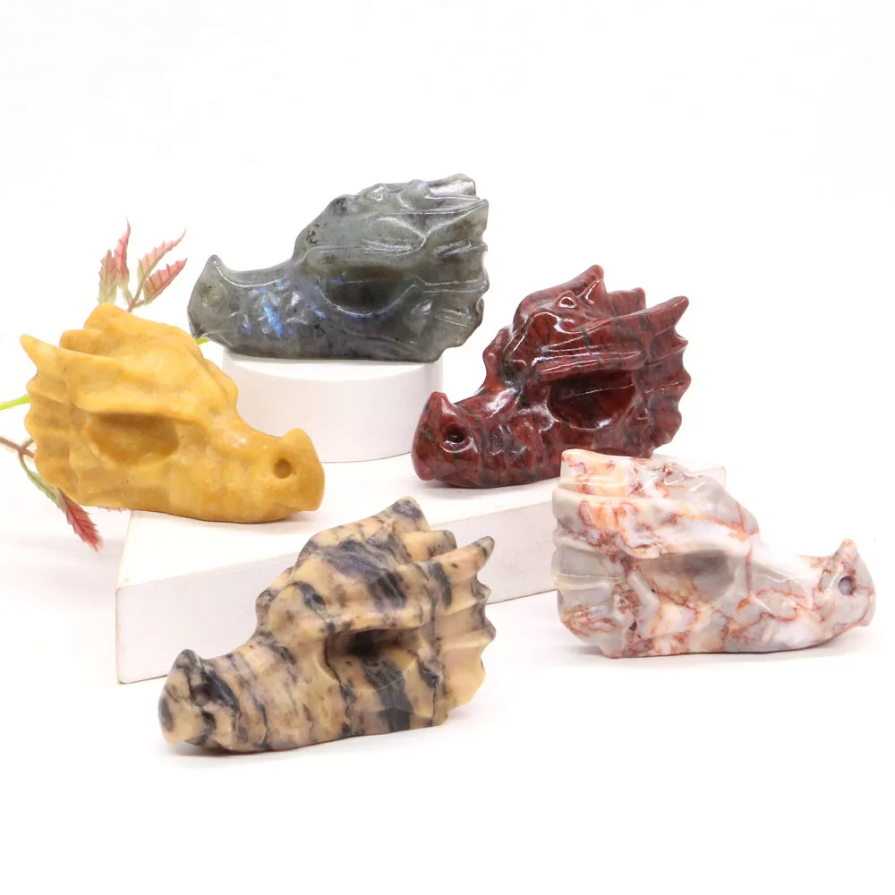 70mm Dragon Head Statue Natural Gemstone Crystal Reiki Healing Hand Carved Stone Figurines Crafts Home Decoration Gift Wholesale