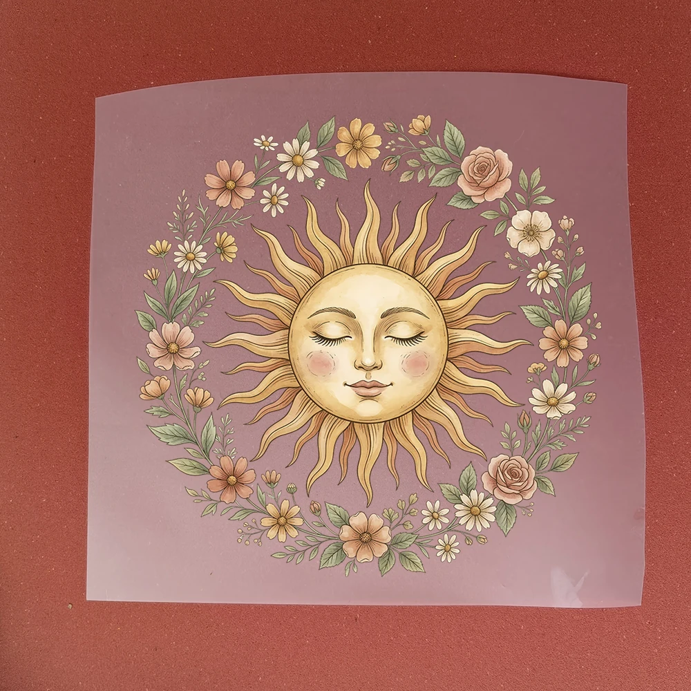 Fashion Boho Sun Face Floral Wreath Heat Transfer Sticker For Clothes DIY A-Level Washable Shirt Iron-on Thermal Decals