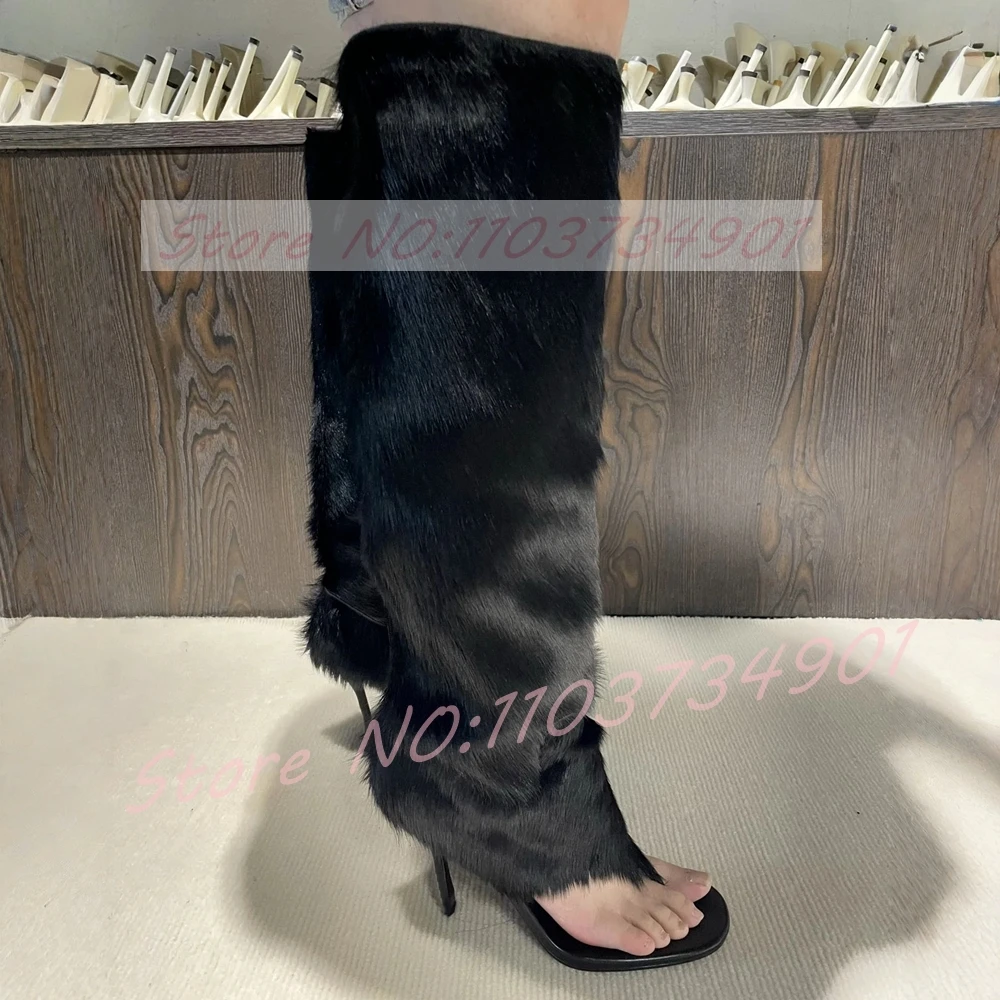 

Genuine Rabbit Fur Mid Calf Sandal Boots Women Flip-Flops Open Toe Thin High Heels Streetwear Lady Stylish Party Summer Boots
