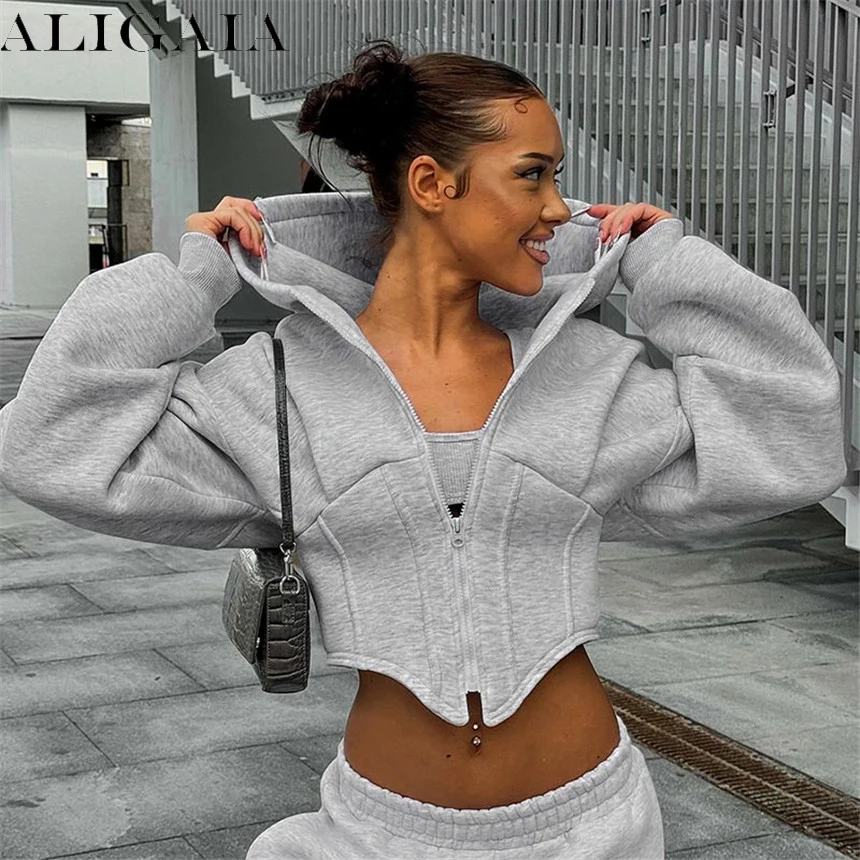Crop Top Gray Zip Up Hoodie Cropped Morning Coffee Cropped Zip