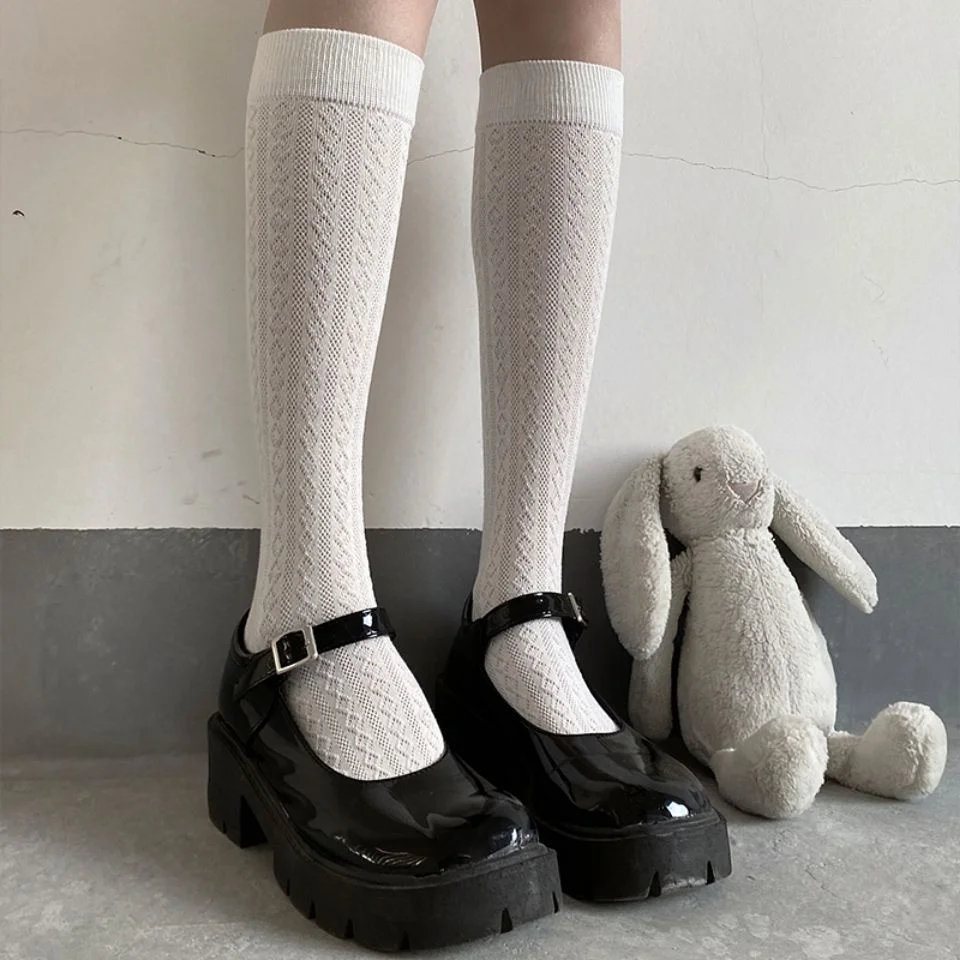 JK Uniform Rhombus Striped Knitted Stockings Women Knee High Long Socks for Cute Japanese Girls Middle Tube Lolita Knee Socks