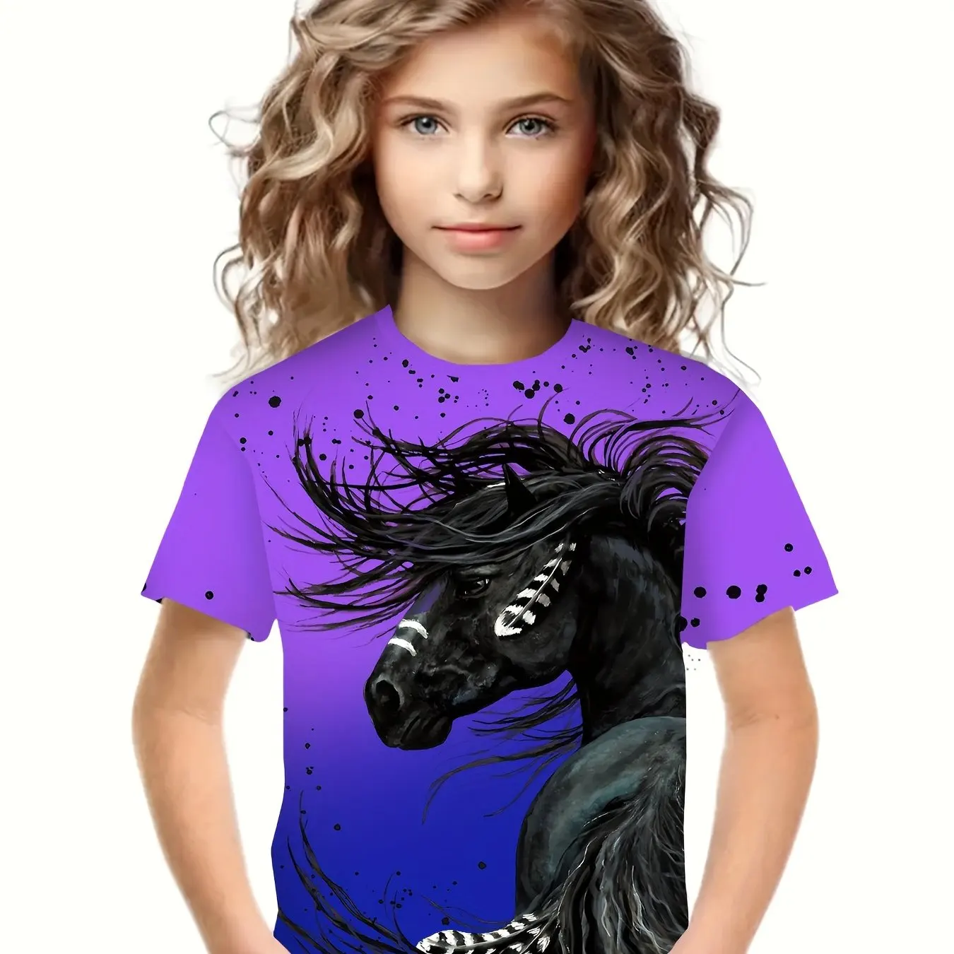 Meisjes Modieuze 3d Paard Grafisch T-Shirt Comfortabele Ronde Hals Kinderen Meisje Korte Mouw Tops Zomer Outdoor Kinderkleding