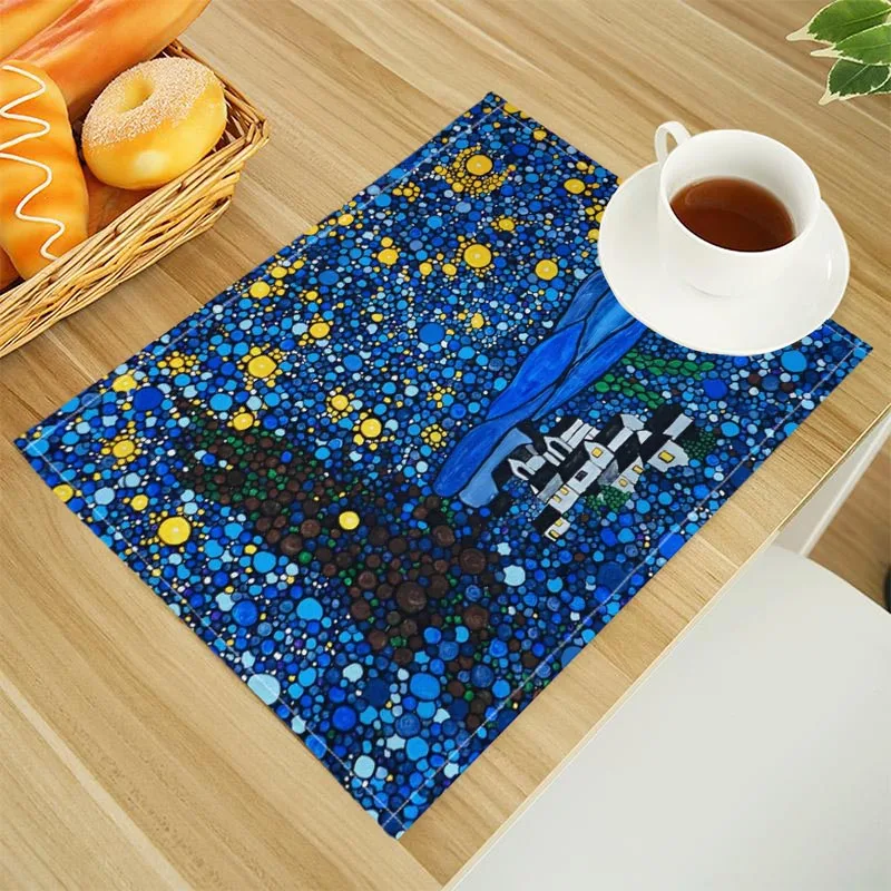 4pcs 30x45cm Van Gogh The Starry Night Print Linen Dining Table Mats Alphabet Kitchen Placemat Coasters Pads Bowl Cup Mat