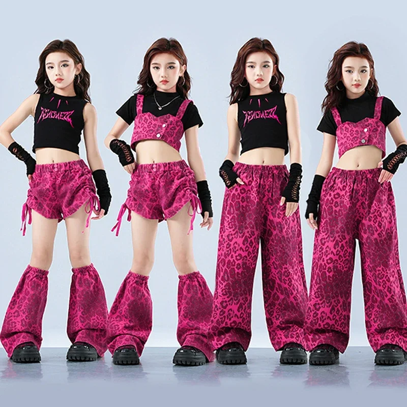 

Street Dance Outfit Girls Jazz Kpop Dance Stage Costume Pink Leopard Shorts Shuffle Pants Crop Top Trendy Performance Suit