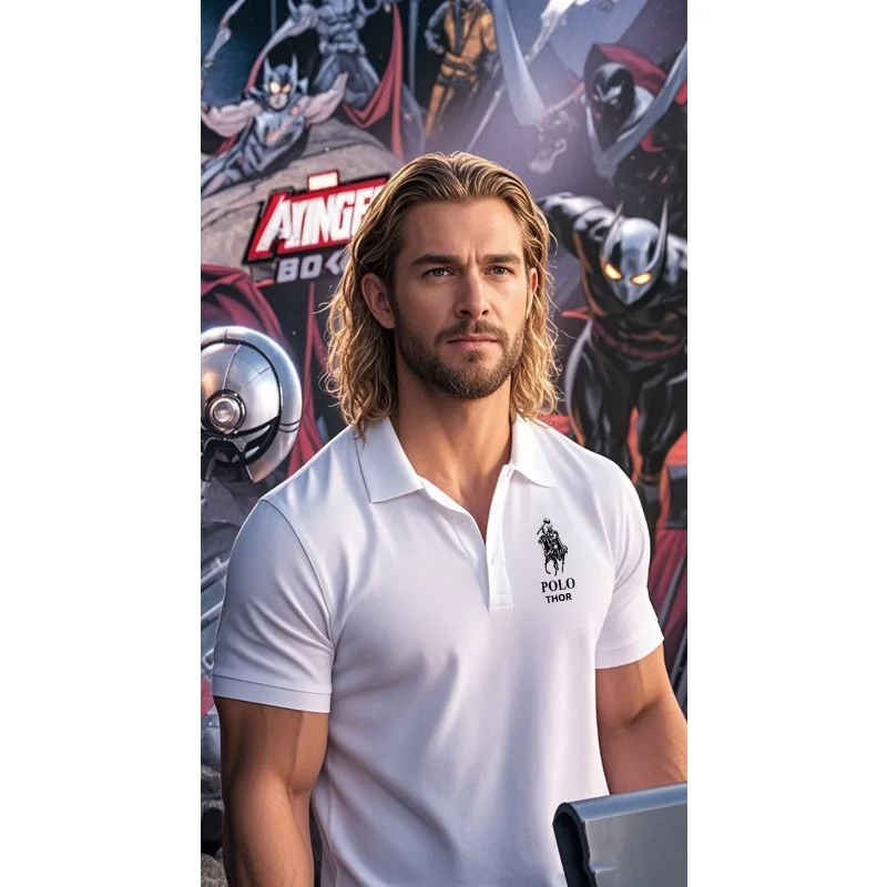 

2025 Summer Norse Mythology Polo Men's White Pattern T-shirt Superhero Comic Print Casual Breathable Clothing for Daily Wear