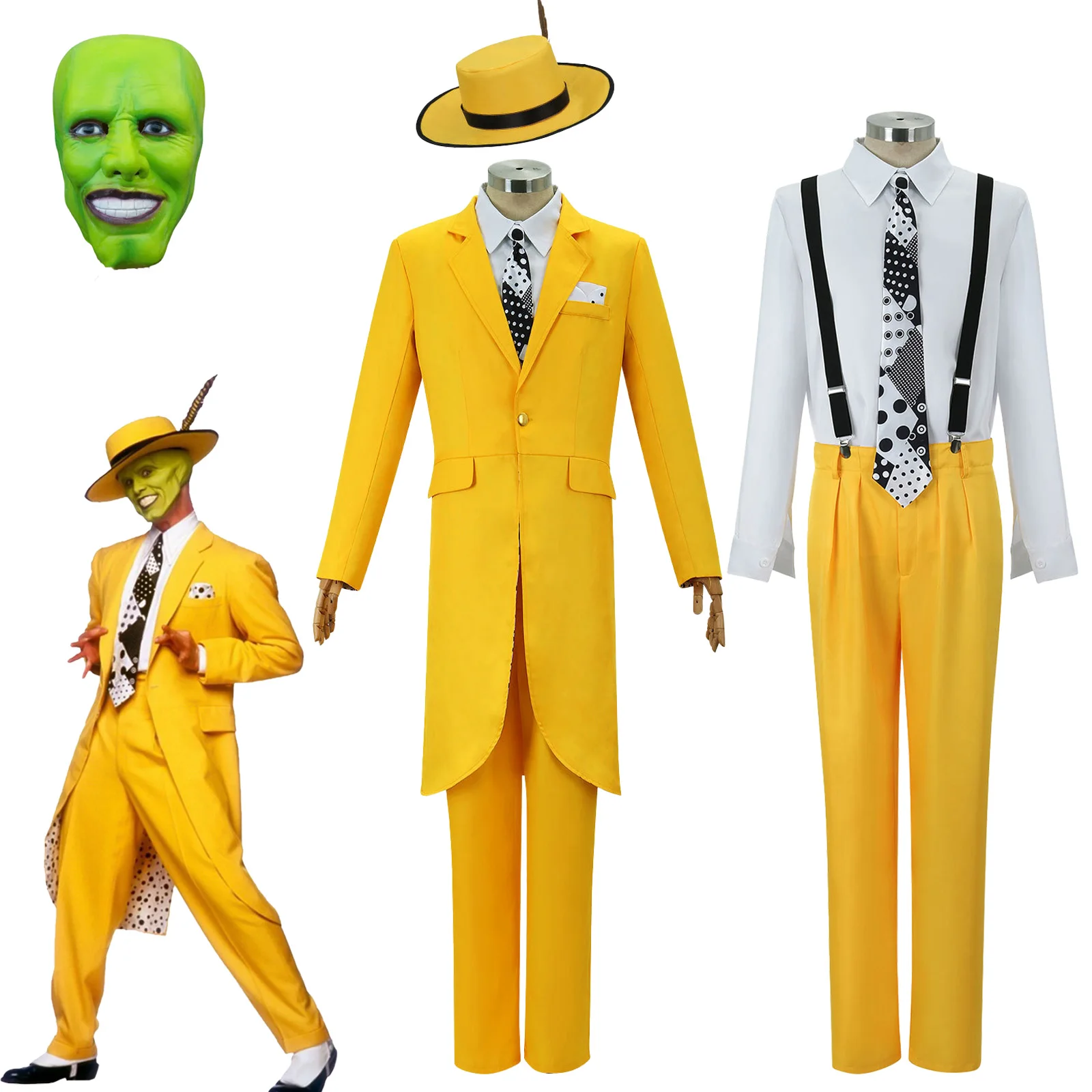 Film 'Die Maske' Cosplay-Kostüm Jim Carrey Cosplay Gelbe Uniform Karnevals-Party-Anzug Hut Grüne Maske Halloween Karnevalskostüm