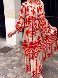 Spring Autumn Women's New Fashionable Printed Shirt Skirt Sexy V-neck Nine Quarter Sleeve Bohemian Button Dress