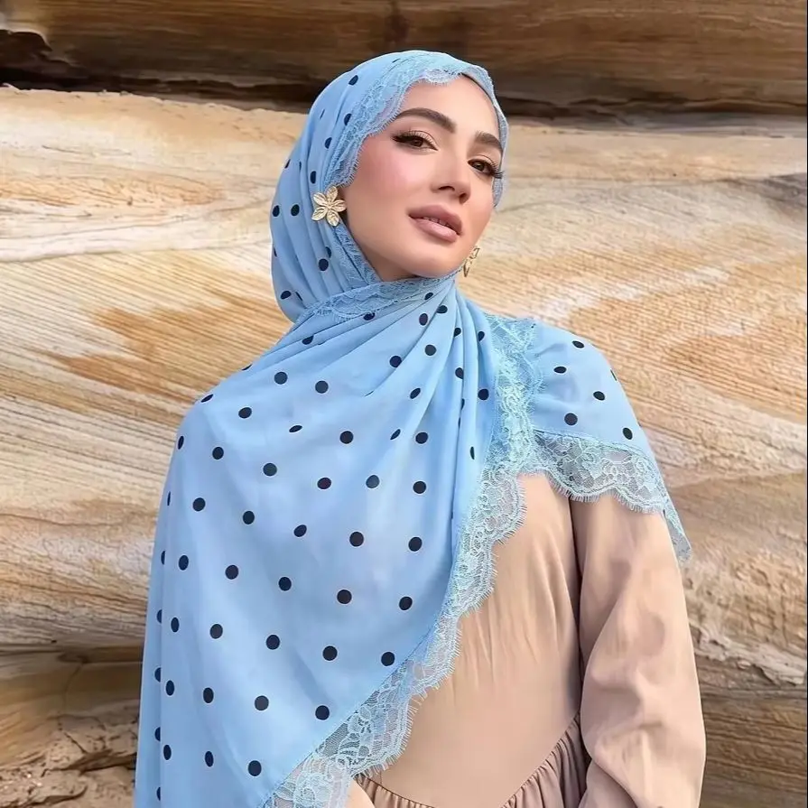 New Polk Dot Printed Chiffon Hijab With Lace Fashion Muslim Headscarf Head wrap Long Shawls Islam Turban Ramadan Eid Long scarf