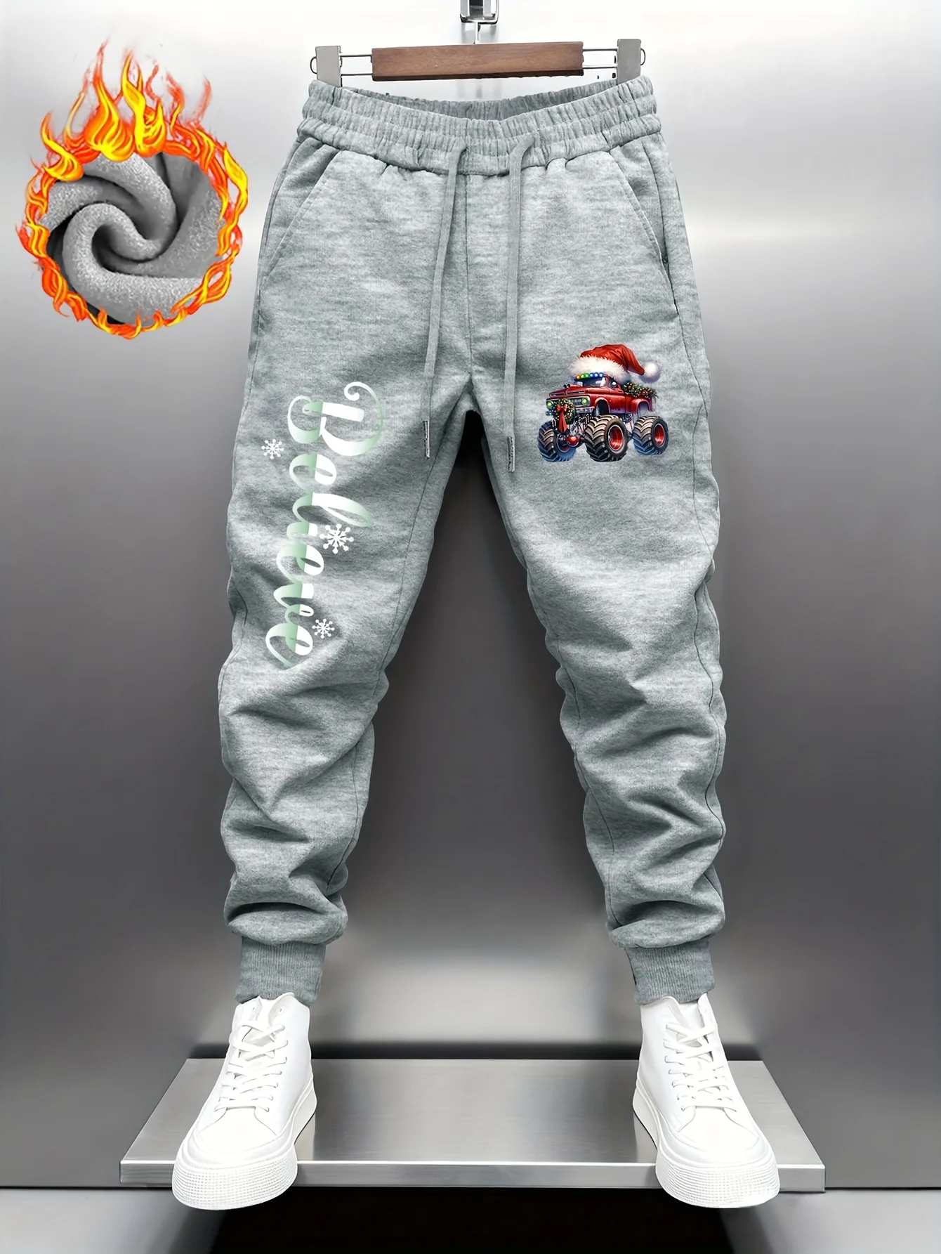 Festive christmas monster truck believe snowflake graphic fleece sweatpants for men hip hop sports street jogger trousers