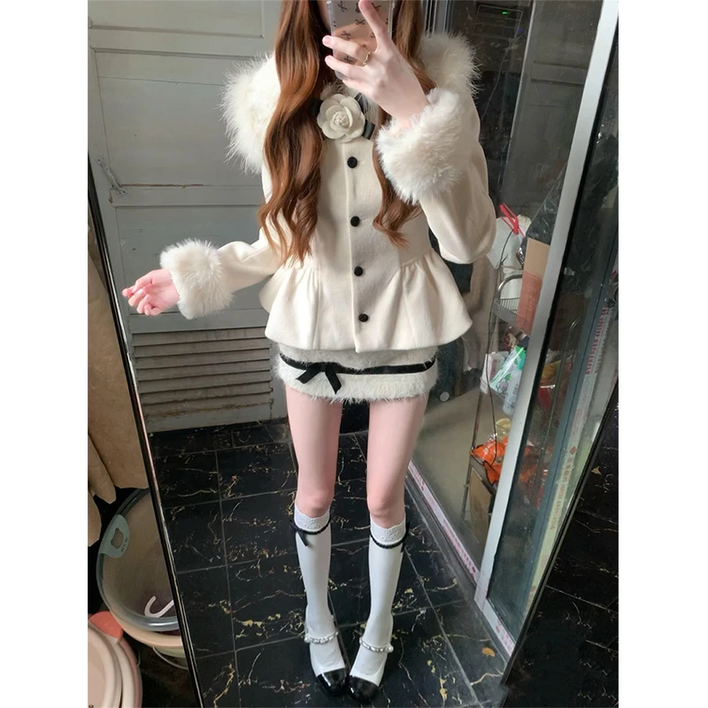 2 Piece Set Women Outfit Cropped Faux Woolen Jacket Elegant Bow Mini Skirt Sweet Korean Faux Fur Patchwork Coat Winter Outfits