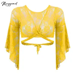 Women's Belly Dance Top Bolero Short Cardigan Shirts Lace 3/4 Flare Sleeve Shrug Open Front Lace-up Crop Top Cardigan Wraps