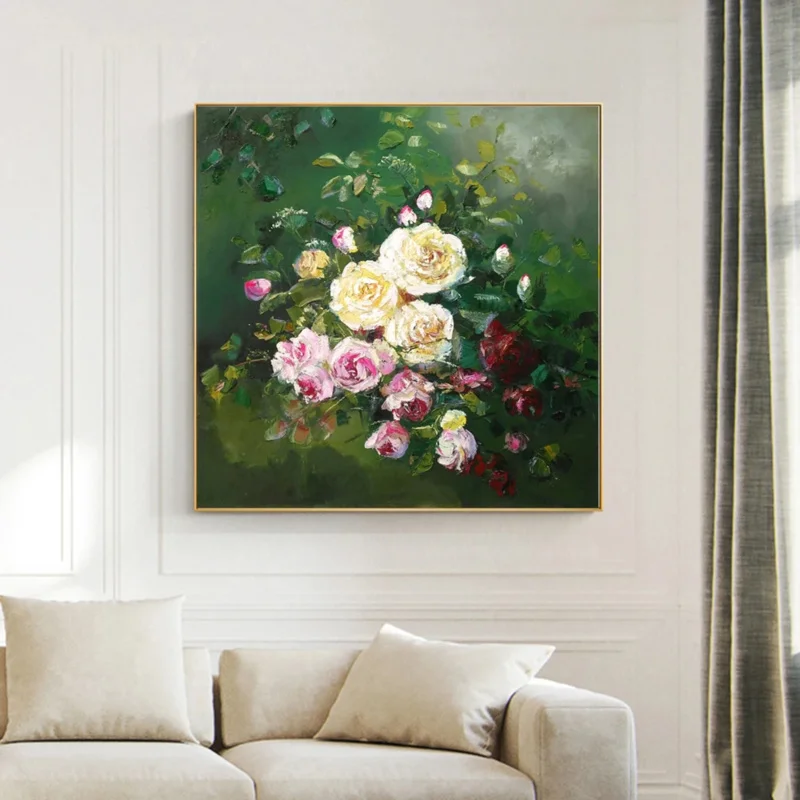 Hand Painted Oil Painting on Canvas, Abstract Green Pink and Faint Yellow Flower Oil Painting Wall Art, Home Decoration Painting