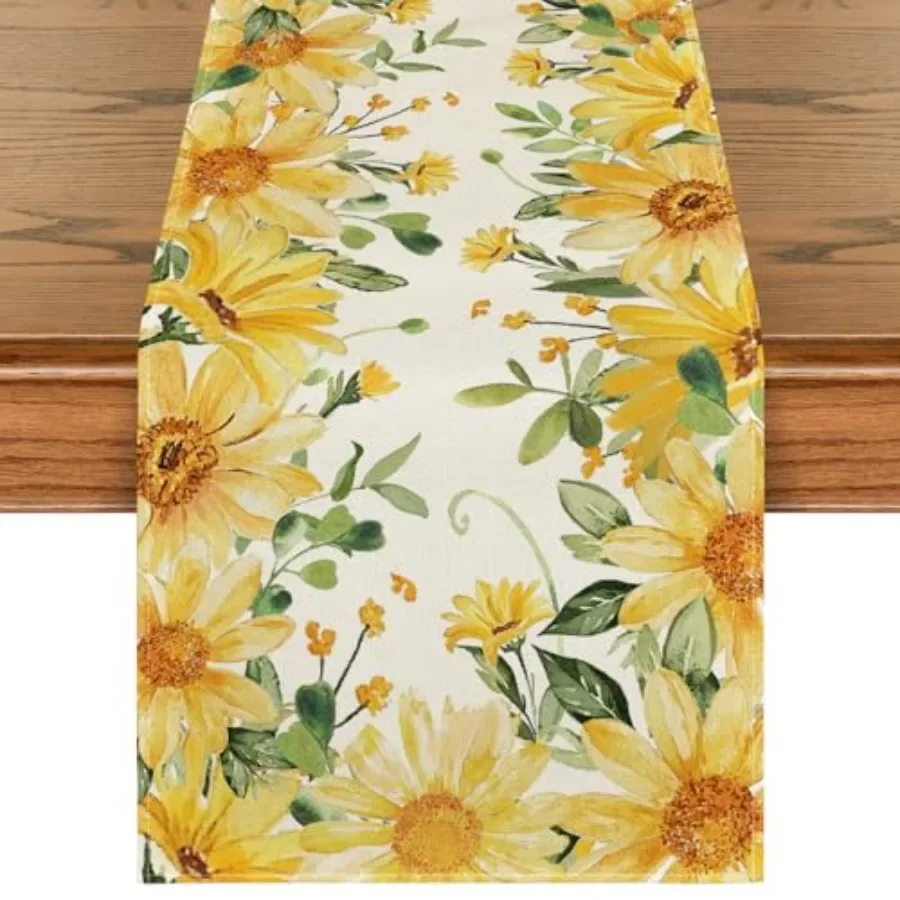 Eucalyptus Sunflower Floral Summer Table Runner, Yellow Seasonal Spring Kitchen Dining Table Decoration for Home Party Decor 13