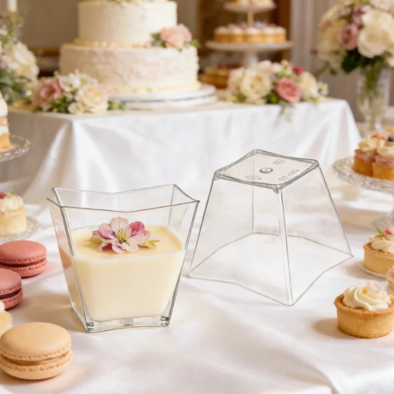 50/100pcs Transparent Dessert Cup Mini Square Plastic Dessert Cups for Birthday Party Fruit and Ice Cream Plastic Food Container