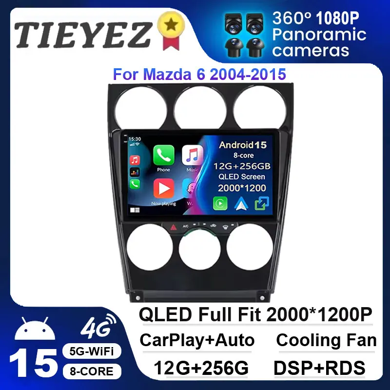 Android 15 Carplay Auto for Mazda 6 2002-2008 Radio Car Multimedia GPS Stereo 360 Camera Rear View Mirror Navigation