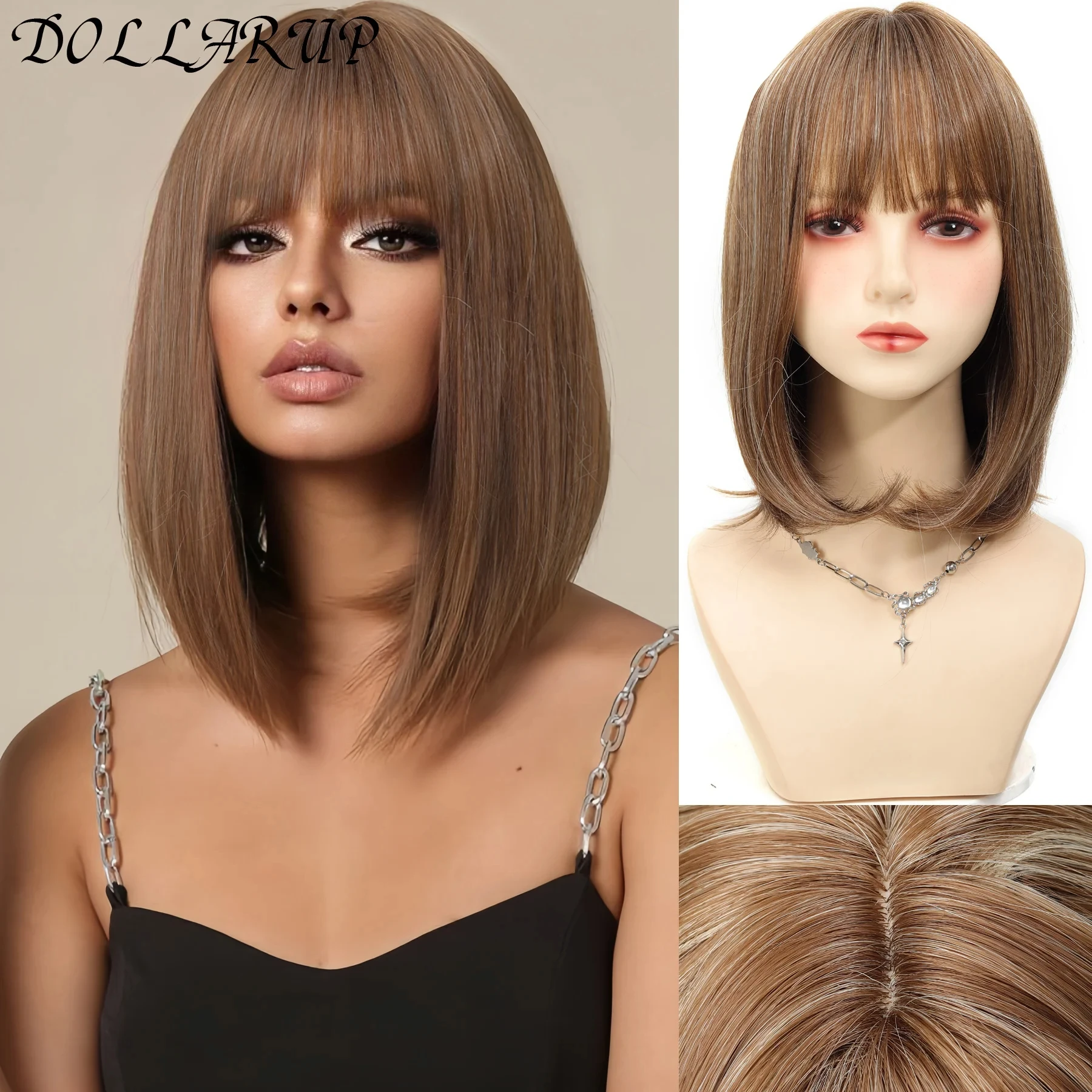 

JKL Короткие черные коричневые парики из синтетических натуральных волос для женщин Боб Прямой парик с челкой Высокотемпературный повседневный парик для косплея