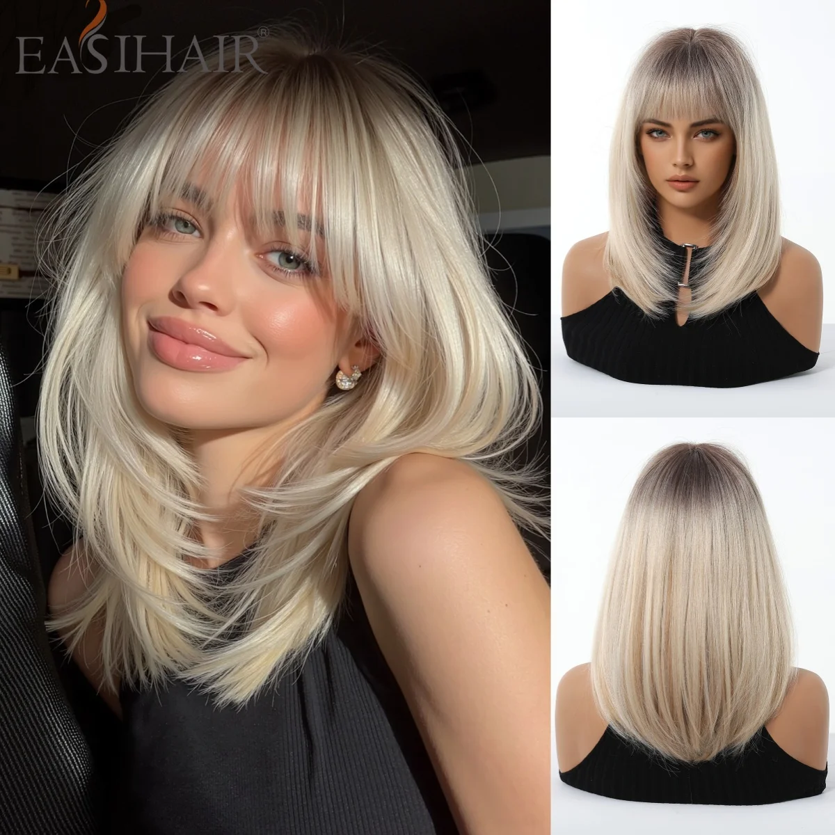 Synthetische Perücke in Ombre-Aschblond, schulterlang, geschichtet, mit Vorhangfransen, dunklen Wurzeln, hitzebeständig, natürlicher Look, Damenhaar, Cosplay