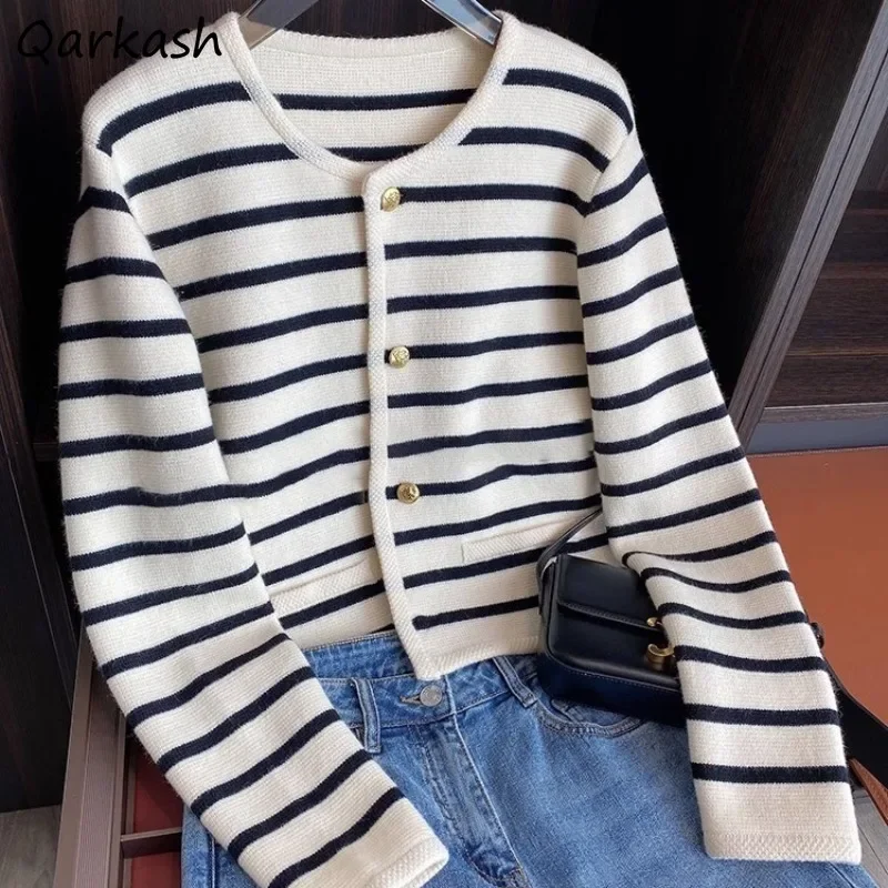 

Striped Cardigans for Women Knitted Long Sleeve O-neck Korean Style Spring Autumn Single Breasted All-match Warm Ins College