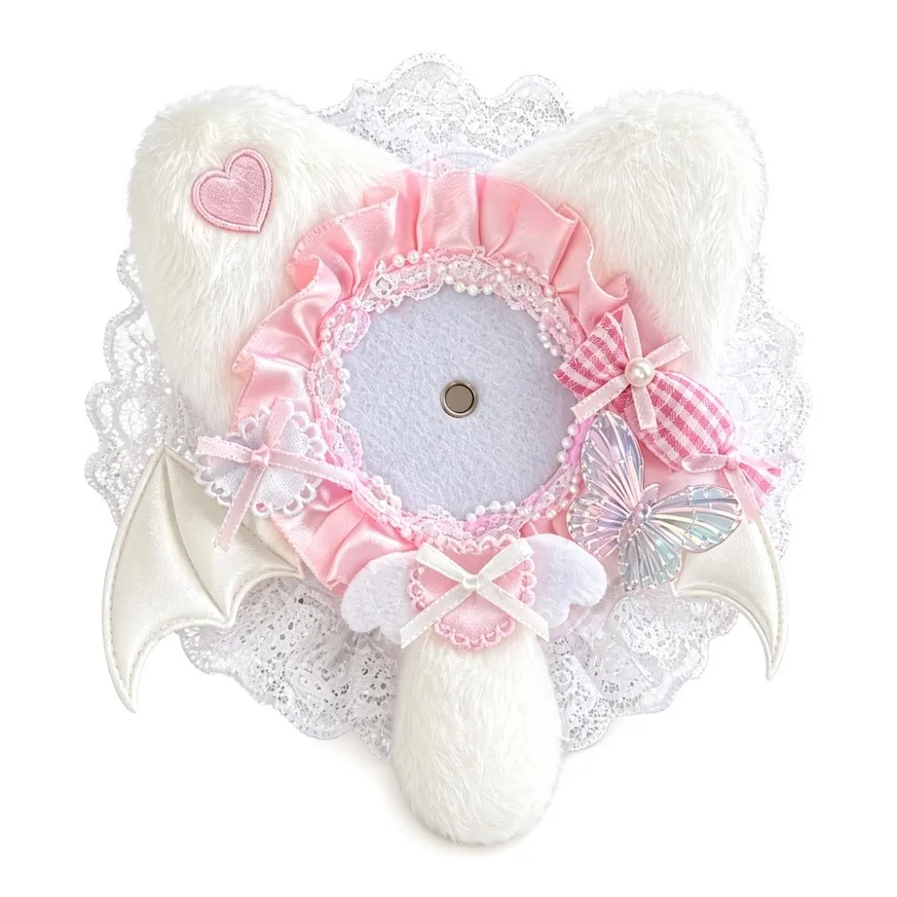 Cute Cat-Ear Shape Badge Display Case Heart Accent Bow Design Badge Holder White Wings Lace Edged Can Badge Cover Ita Bag