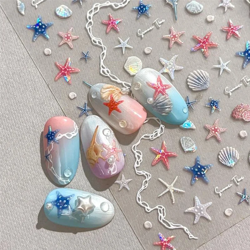 1 Sheet 5D Summer Seashell Nail Sticker Shiny Embossed Starfish Nails Stickers Summer Beach Sea Conch Nail Decals Decoration