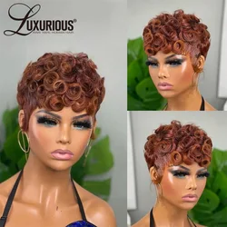 Curly Short Pixie Cut Wigs For Black Women Ginger Burgundy Full Machine Made Wigs Wear And Go Brazilian Virgin Human Hair Wigs