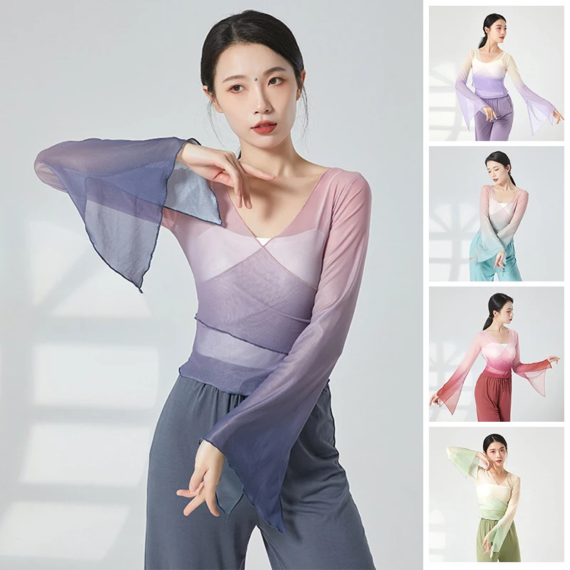 

Classical Dance Gauze Top Women Gradient Color Long Flared Sleeve Shirt Flowy Body Rhyme Chinese Folk Dancewear Top Stage Outfit