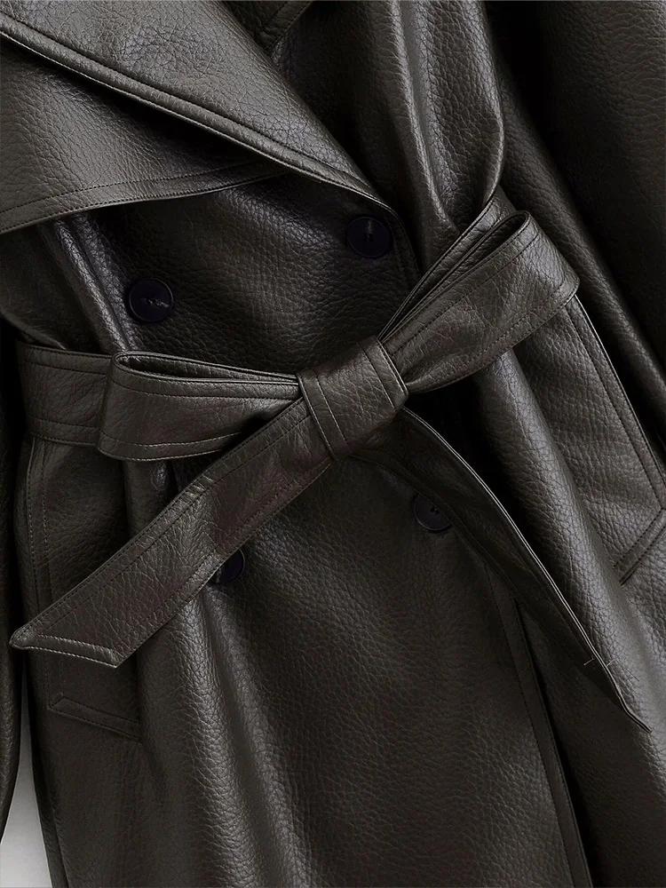 HH أنثى موضة جديدة مزدوجة الصدر الجلود الاصطناعية التلبيب معطف طويل امرأة طويلة الأكمام جيوب عالية الشارع حزام سترة واقية #1