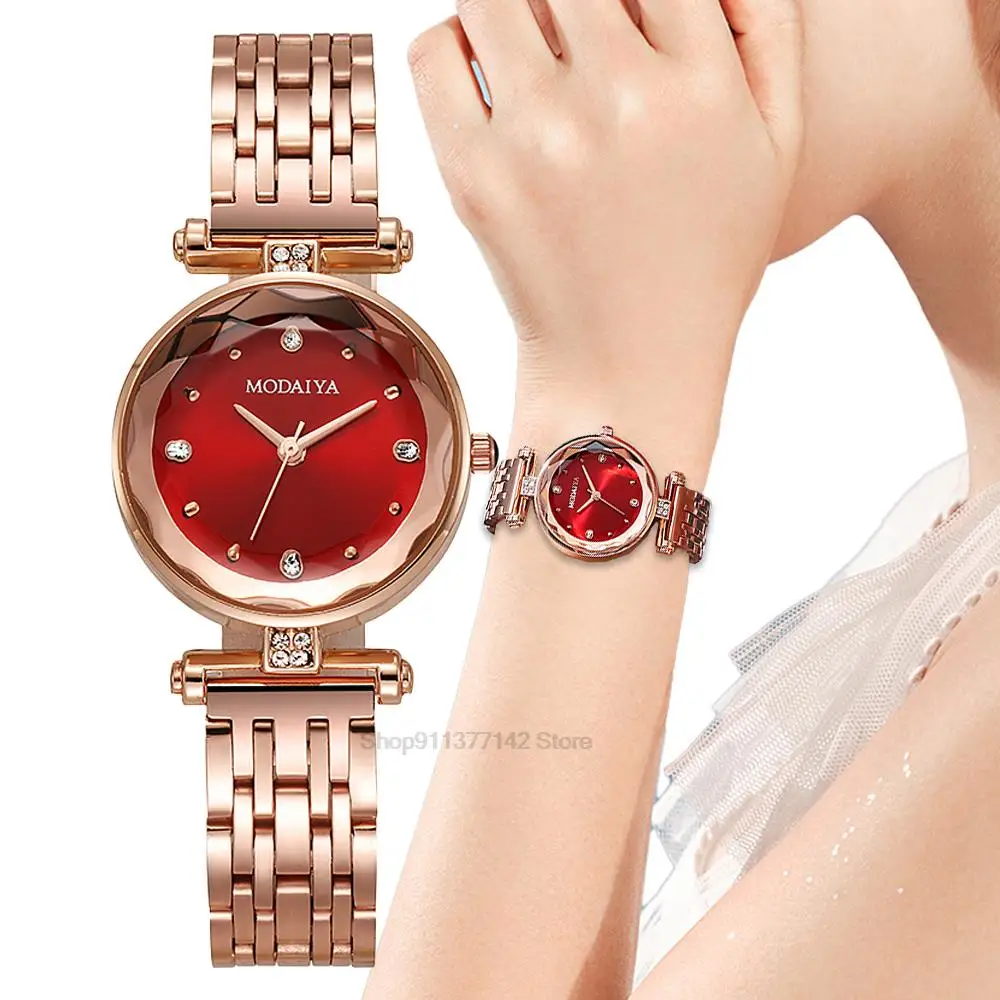 Luxury Branded Refined Red Ladies\' Diamond-set Alloy Quartz Watch Fashion Women Plating Stainless Steel Strap Gift Clock