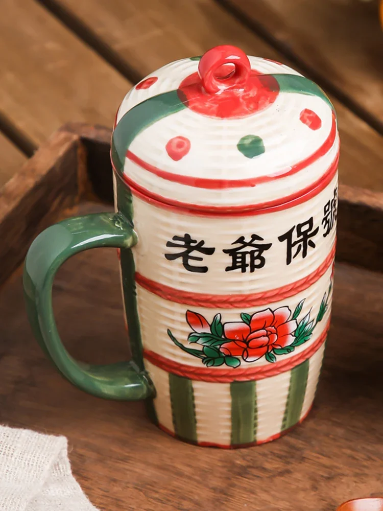 

Mug Ceramic Underglaze Color Flowers and Plants Letter Printing with Lid Chinese Retro Coffee Design Sense Cute Funny Water Cup