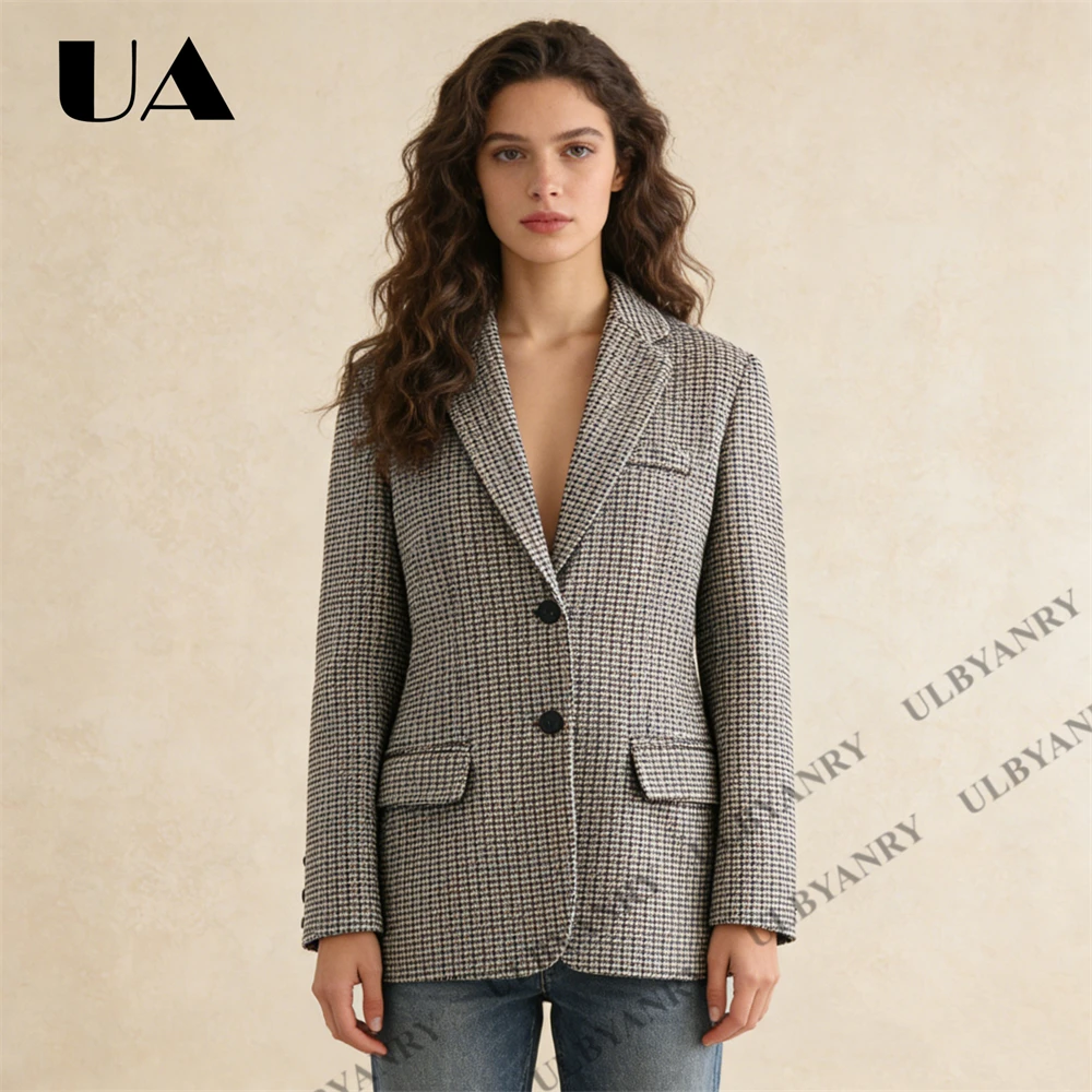 ULBYANRY Houndstooth Blazer Jacket, Classic Plaid Suit Coat for Women Office Work Business Casual Vintage Style