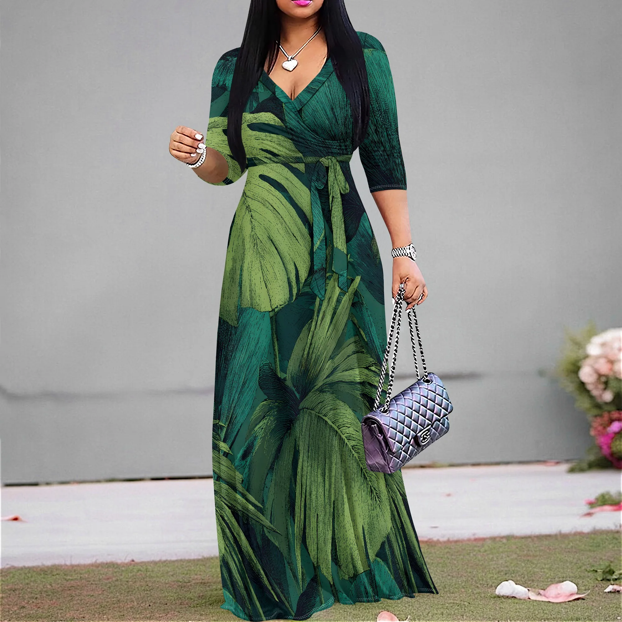 Tropical Print V-Neck Midi Dress Green Leaf Pattern Wrap Gown Half Sleeve Belted Summer Maxi Dress for Women Casual Beach Party
