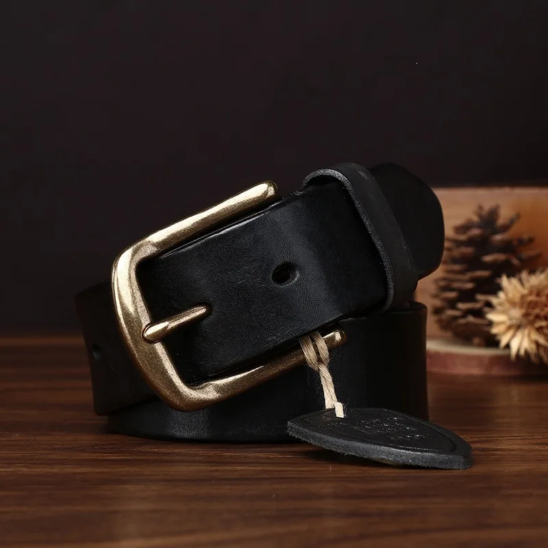 Vintage Vegetable-Tanned Washed Full-Grain Leather Men's Belt with Brass Buckle, Simple Versatile Casual Waistband for Jeans