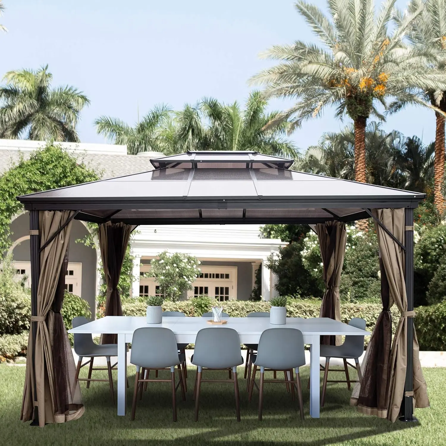 

Polycarbonate Hardtop 10x10 Gazebo with Netting Aluminum Double Tier Roof for Patio Backyard Outdoor, Customized