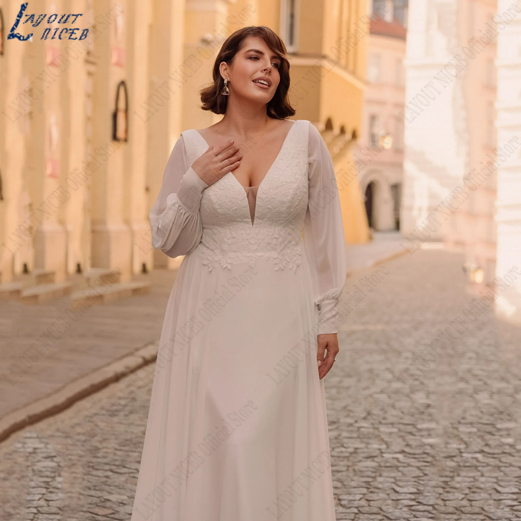 LAYOUT NICEB Long Sleeve Wedding Dress Oversize V-Neck Chiffon Appliques Bride Gown A-Line vestido femininos Lace Up Customized