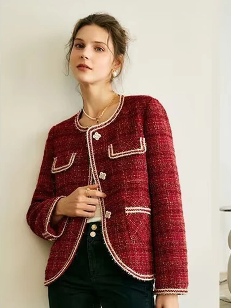 New Red Tweed Jacket For Women 2023 Autumn Winter Long sleeve Single-Breasted Chic Tops Female Korean Style Elegant Lady Coat