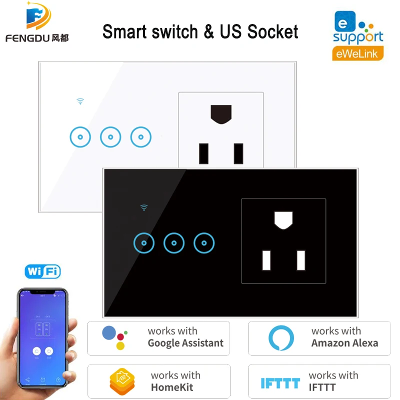

1/2/3Gang Ewelink Smart WiFi Switch Wireless Light Switch Touch Control US Electrical Socket Work with Alexa Google Home
