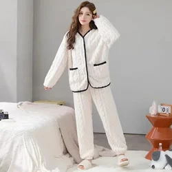 Autumn Winter Women Pajamas Set Jacquard Fluffy Lady Sleepwear Elegant Plain White V-neck Pijamas Casual Nightwear 2 Pieces Set