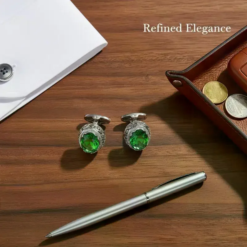 Green Crystal French Shirt Cufflinks for Men Women Brand Button for Formal Suit Graduation Events