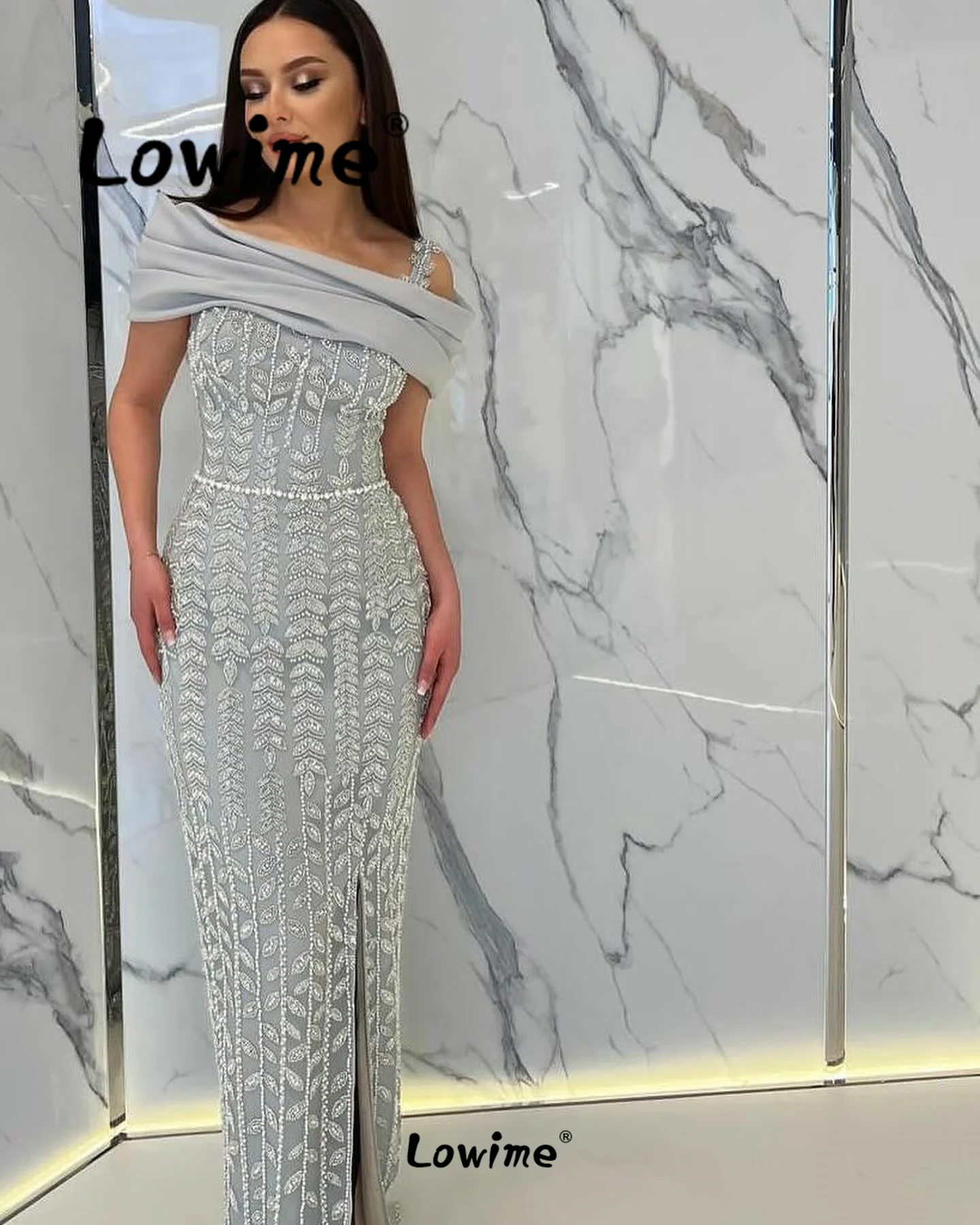 

Heavy Beaded Prom Dress Split Side Silver Off The Shoulder 2024 Customize Party Second Reception Engagement Gowns Robe De Soiree