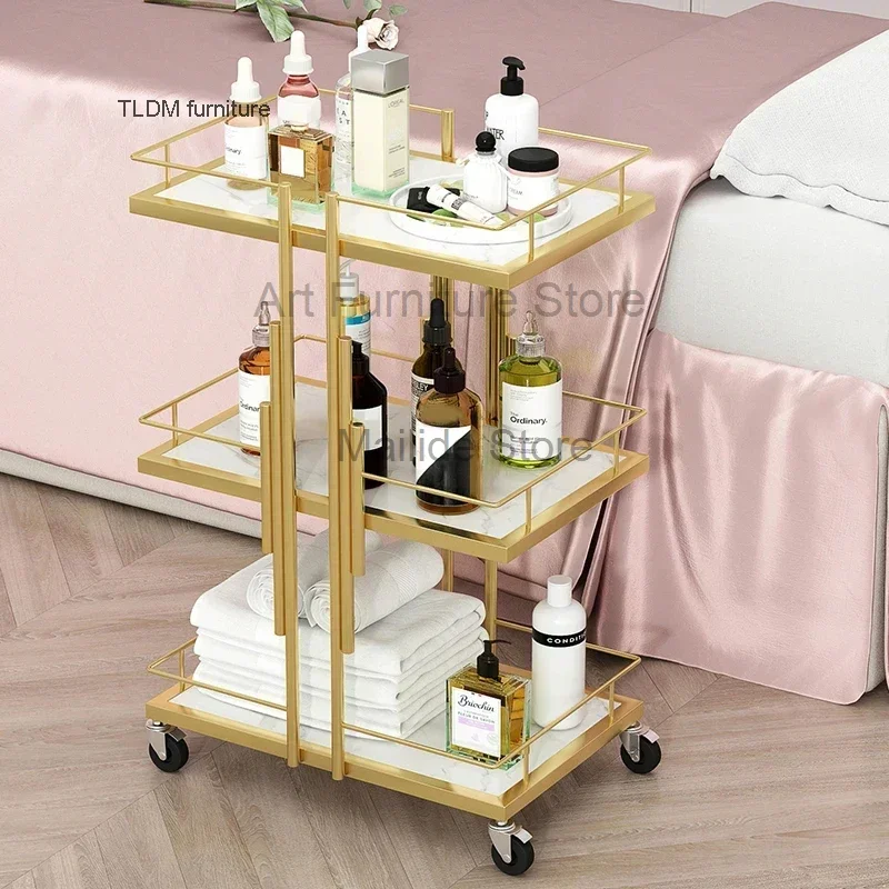 

Light Luxury Iron Art Salon Trolleys Manicure Mobile Tool Trolley Modern Salon Furniture Simple Home Multi-layer Storage Rack