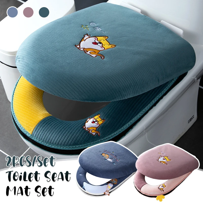 

Cartoon Embroidery Toilet Seat Mat Closestool Cushion+Lid Cover Bathroom Universal Winter Warm Washable Closestool Seat Case